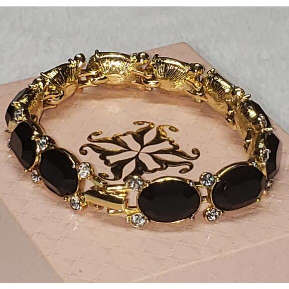 Monet Bracelet Vintage1980s Faceted Black Stones Bezel Rhinestones Gold-Tone - Picture 1 of 7